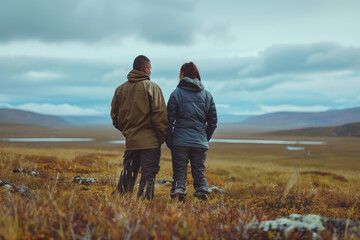 Couple of Travelers in a Tundra Landscape Wallpaper, Serene Background with Copy Space for Vacation and Nature Enthusiasts