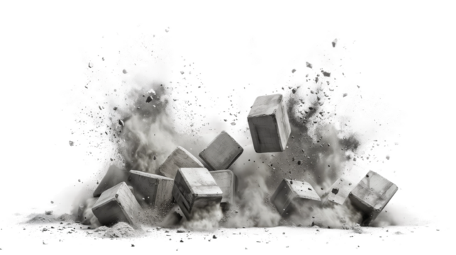 An image showcasing a dramatic explosion of concrete blocks, creating a large dust cloud against a white backdrop