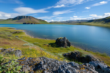 Obraz premium Landscape of a Tundra with a Lake, Picturesque Wallpaper with Copy Space, Ideal for Travel and Tranquility