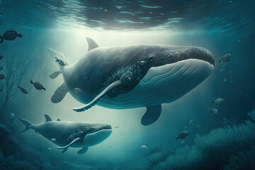 Naklejka premium whales hunting underwater