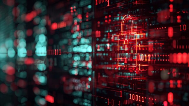 A digital representation of cybersecurity, showcasing data encryption and protection with glowing locks and binary code in a futuristic environment.