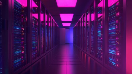 Fototapeta premium A futuristic data center hallway illuminated with vibrant pink and purple lighting, showcasing rows of server racks and advanced technology.