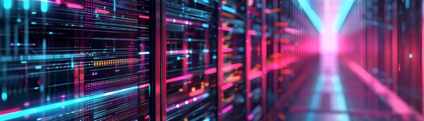 A futuristic server room with bright neon lights and advanced technology, highlighting the critical infrastructure of modern data centers.