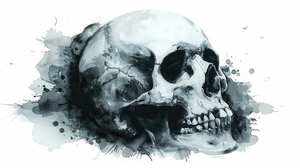 A skull clipart, spooky element, watercolor illustration, white and grey, isolated on white background