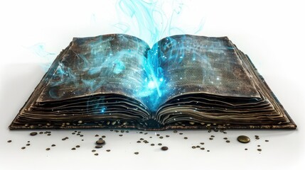 A witchs spell book clipart, Halloween prop, 3D realistic illustration, dark and ancient, isolated on white background