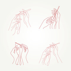 set of minimalist woman's hands knitting thread using needle line art icon vector illustration design