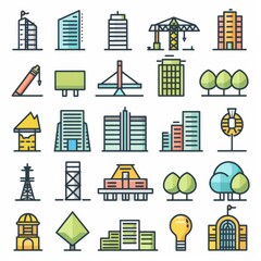 Obraz premium Icon set featuring urban construction elements like high-rise buildings, land plots, and city planning tools