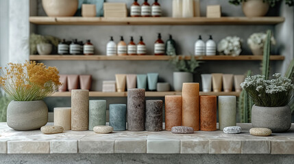 Fototapeta premium Colorful Candles and Flowers in Modern Store Display