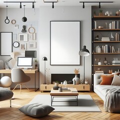 Fototapeta premium A living room style interior set design with a mockup poster empty white and with a couch and a desk Vibrant unique Artistic.