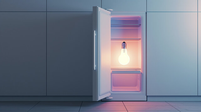 Gro&szlig;er leerer K&uuml;hlschrank mit Gl&uuml;hbirne im leeren Fach beleuchtet Generative AI