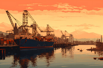 vintage style illusstrated harbor during sunset, harbor during sunset illustration