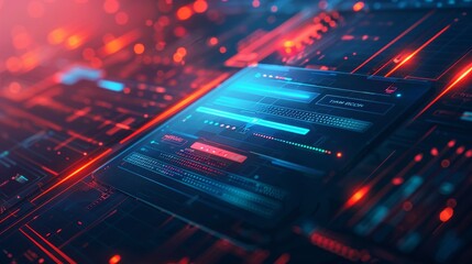 Obraz premium Abstract digital background with neon lights and futuristic technology elements in blue and red tones. High-tech design concept.