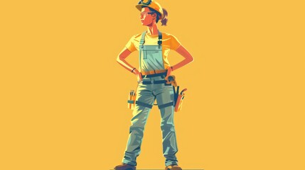 Cartoon of a determined female handywoman in overalls with tools and confident stance