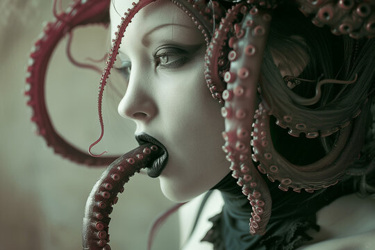 people of ai // beautiful woman with tentacles coming out of her mouth, with octopus tentacles in place of her tongue, surrealistic, photorealistic // ai-generated 