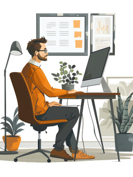 A man sits at his desk, working on his computer in cozy home office.