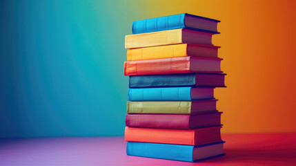 A stack of hardcover books of various colors, sitting on a table against a rainbow background.