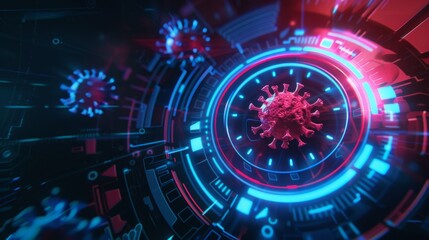 Abstract digital representation of a virus with futuristic technology background, highlighting a concept of biology and science in a modern context.
