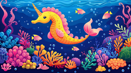 Fototapeta premium Clip art of a sea horse in an ocean setting with colorful marine plants and animals, ideal for preschool educational materials