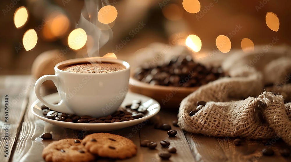 Wall mural steaming coffee and cookies on a wooden table with a white plate and brown bowl nearby, illuminated  - Wall murals