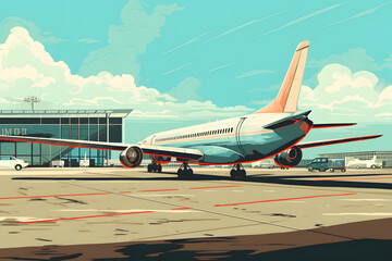 vintage style illusstrated airport during sunset, airport, airtraffic, airplanes