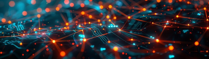 Fototapeta premium Abstract image of a digital circuit with glowing lines and nodes representing a network or futuristic technology.