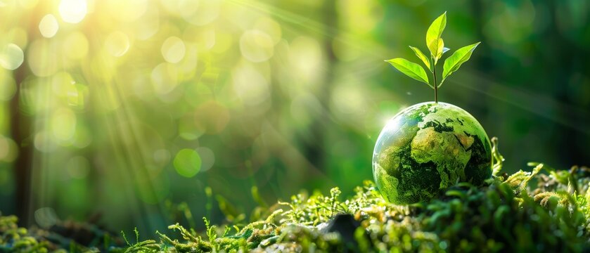 A glass earth globe sits on a bed of moss, with a new green sprout growing from the top, surrounded by a vibrant forest with sunlight filtering through the trees