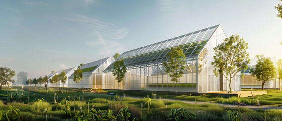 A row of modern greenhouses with glass roofs and a green roof on one building. The greenhouses are surrounded by trees and a grassy field