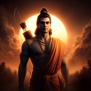 Portrait of Lord Rama against the sunset background