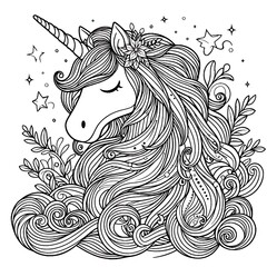 A black and white of a unicorn coloring page accessible professional.