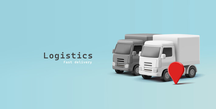 White and black cargo truck and navigation icon, 3D. Banner for logistics design concepts, transportation services, and delivery of goods. Vector