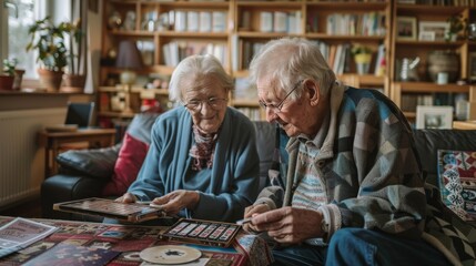 Elderly couple strategizing over a game of Scrabble in their living room