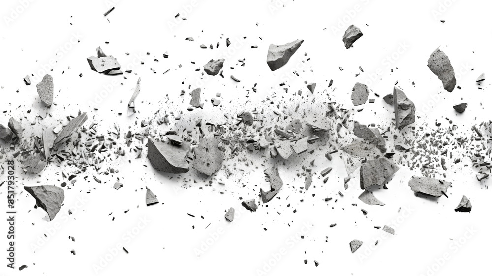 Aufkleber a collection of grey rock fragments scattered on a white background, creating a dynamic and textured