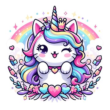 A cartoon cat design graphic with rainbow hair and a unicorn horn vector.