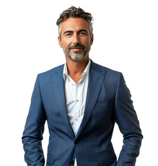 businessman in blue suit standing towards camera on isolated transparent background