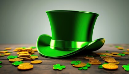 Green leprechaun hat with gold coins and clovers on wooden surface, St. Patrick's Day celebration.