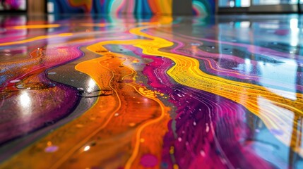 Photograph of a polished concrete tabletop reflecting the vibrant colors and patterns of a modern...