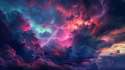 dramatic stormy sky with vibrant lightning and colorful clouds, intense and vivid atmospheric scene