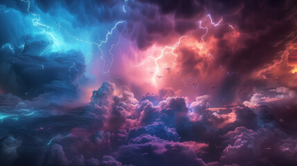 Obraz premium intense thunderstorm with colorful clouds and bright lightning, dramatic and vivid sky