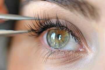 A woman with long eyelashes is getting her lashes done. The image is a close up of her eye