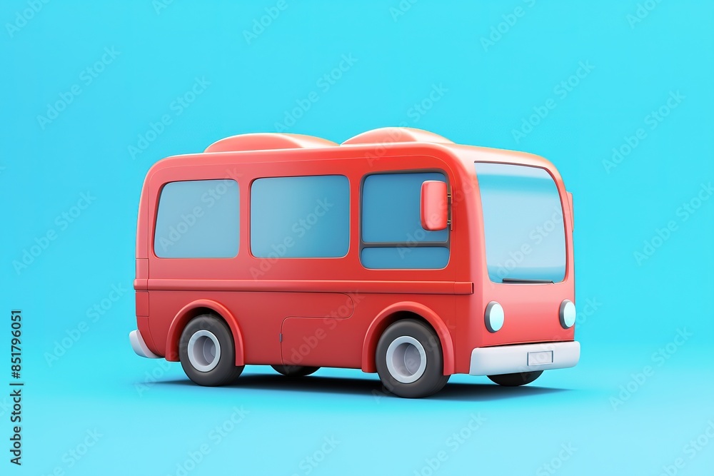 Poster red toy bus on a blue background with copy space.
