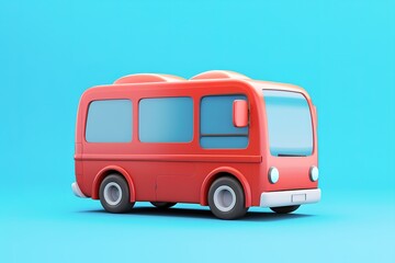 Red toy bus on a blue background with copy space.