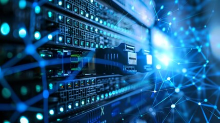 Close-up of a server rack in a data center with a digital network connection overlay, representing cloud computing and data storage.
