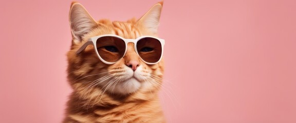 Cool ginger cat wearing sunglasses poses against a pink background. Perfect for lifestyle, fun, and pet-themed 