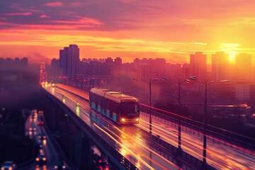Fototapeta premium Tram moving over bridge against sunset in city.