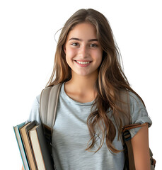 Female teen student with a backpack and books smiling on isolated transparent background