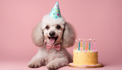 Adorable poodle dog wearing a party hat and bow tie celebrates birthday with a cake on a pink background. Happy pet birthday photo.