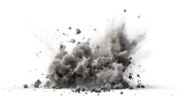 A large cloud of dust and debris explodes outward from a powerful impact, leaving a trail of scattered particles against a white background