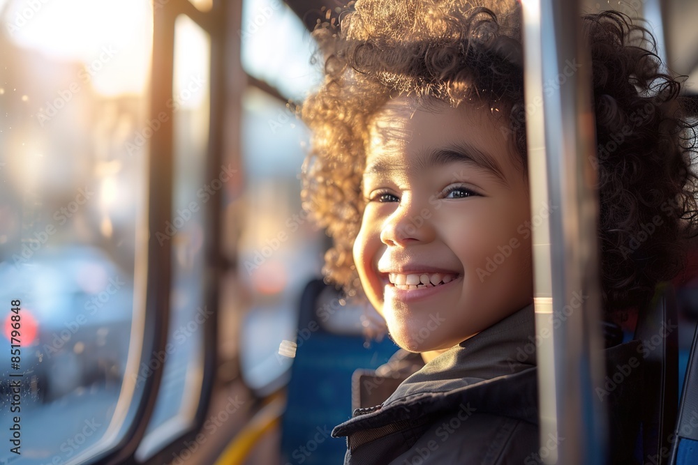 Poster smiling child on bus enjoying the sunlight during a commute.