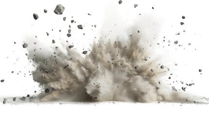 A large dust cloud with flying debris after an explosion. The dust is thick and obscures the source of the explosion