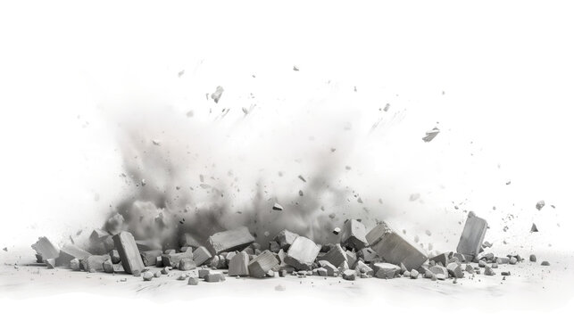 An image of a concrete explosion with a dust cloud and debris flying upward